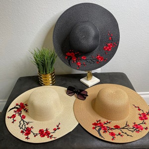 Cherry Blossom Hat, Beach Hat, Flower Embroidered Hat, Straw Hat, Extra Wide Brim Straw Hat, Beach Hat