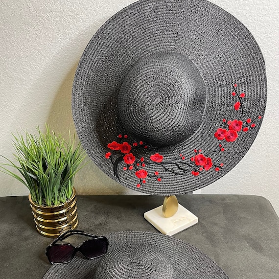 Cherry Blossom Embroidered Sun Hat Cherry Blossom Hand Embroidered Straw Hat – THE HAT CHICK main image 3