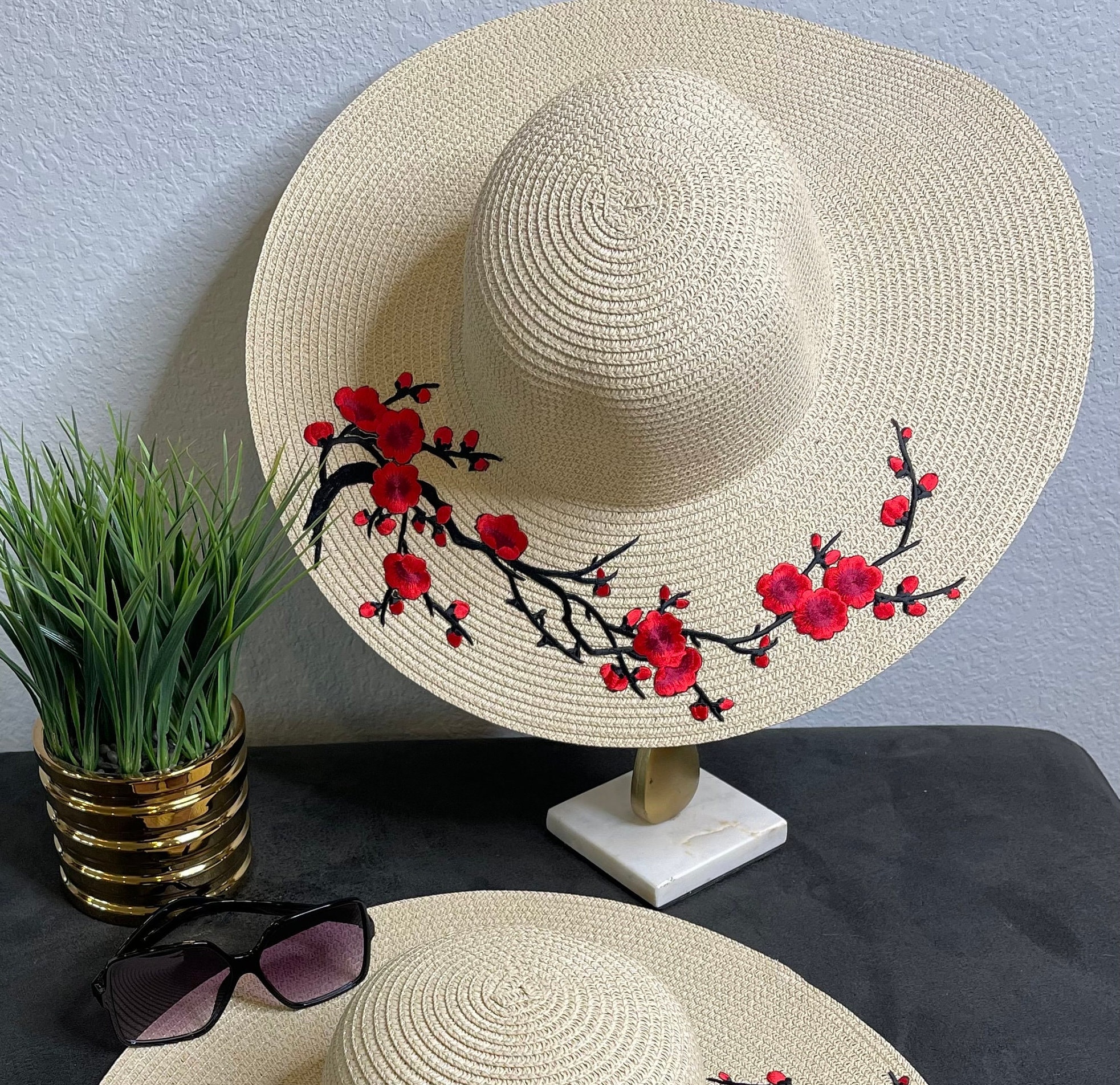 Cherry Blossom Hat, Beach Hat, Flower Embroidered Hat, Straw  display picture 1
