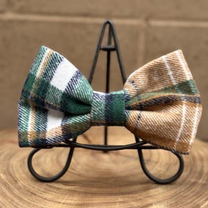 Fleece Plaid Dog Bow Tie - Green and Brown Dapper Pet Accessories