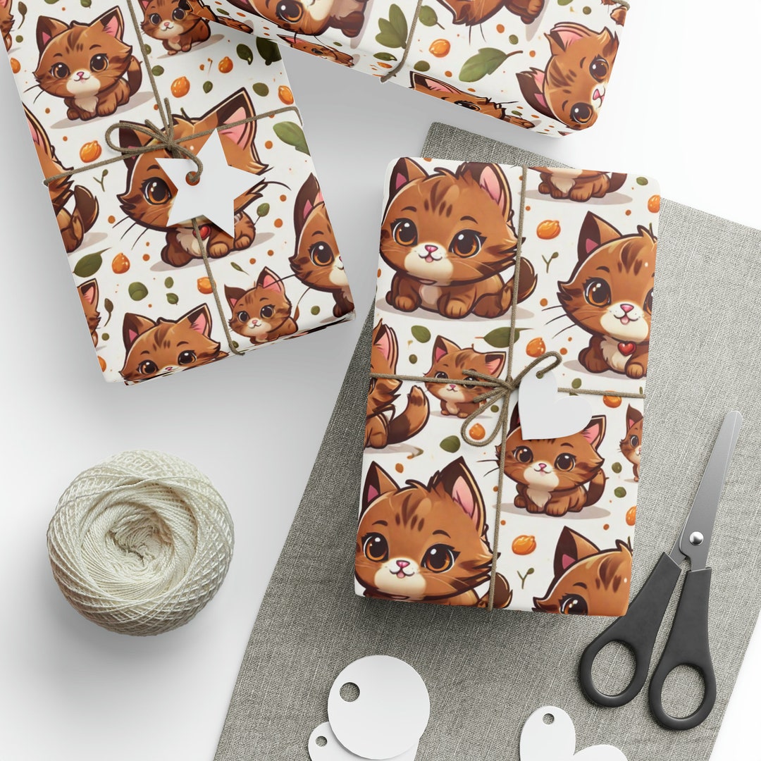 Cat Wrapping Paper Cute Wrapping Paper With Brown Golden - Etsy