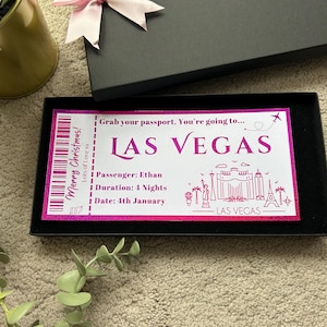 May include: A gift box with a pink bow on top, containing a Las Vegas ticket. The ticket has the text "Merry Christmas!" and "Las Vegas" in pink, along with details like passenger name, duration, and date.