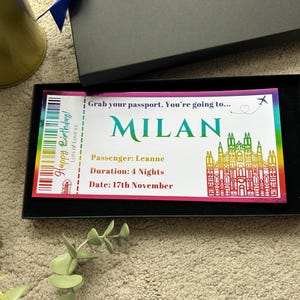 Voyage surprise à Milan, fausse carte d'embarquement, billet d'avion, bon cadeau souvenir personnalisé, anniversaire, cadeau de Noël, bon de voyage