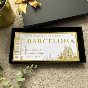 Barcelona Überraschungsreise, Gefälschte Bordkarte, Flugticket, personalisierte Folie, Erinnerungsgutschein, Geburtstag, Weihnachtsgeschenk, Reisegutschein