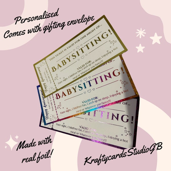 Babysitting Voucher, Personalised Luxury Foil Keepsake, Birthday, Anniversary or Christmas Surprise Gift, Child Minding, Gift for couples