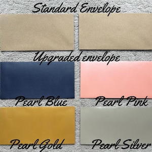 May include: A selection of rectangular envelopes in various colors. The top row features two standard brown envelopes. The bottom row displays upgraded envelopes in pearl blue, pearl pink, pearl gold, and pearl silver. Text on the image reads "Standard Envelope" and "Upgraded envelope".