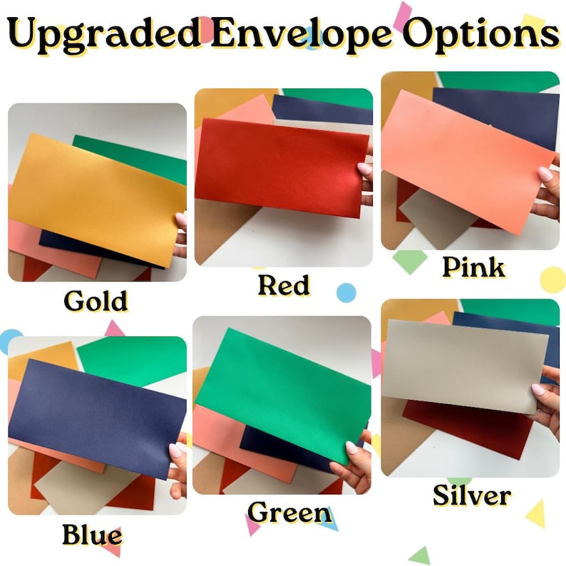 K&ouml;nnte beinhalten: Eine Sammlung rechteckiger Umschl&auml;ge in verschiedenen Farben mit der Aufschrift Upgraded Envelope Options. Die Farben umfassen Gold, Rot, Pink, Blau, Gr&uuml;n und Silber. Jeder Abschnitt zeigt eine bestimmte Umschlagfarbe vor einem Hintergrund aus anderen farbigen Umschl&auml;gen und pr&auml;sentiert eine glatte, matte Oberfl&auml;che f&uuml;r jeden Papierartikel.