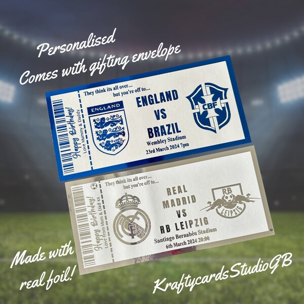 Football Match Ticket, Personalised Foiled Keepsake, Custom Event Voucher, Birthday Surprise, Christmas Gift Card, Present Husband, Dad,