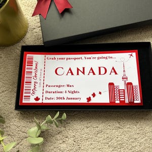 Voyage surprise au Canada, fausse carte d'embarquement, billet d'avion, bon souvenir personnalisé en aluminium, anniversaire, cadeau de Noël, bon de voyage