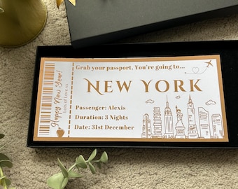 New York Surprise Trip, Fake Boarding Pass, Flight Ticket, Personalised Foil Keepsake Voucher, Birthday, Christmas Gift, Travel Voucher