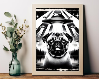 Mopshond ufo-ontvoering in het bos - grillige digitale kunstprint - schattige mopshond met vliegende schotels - Instant Download kunst aan de muur