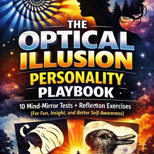 May include: Book cover titled "The Optical Illusion Personality Playbook." The cover features a silhouette of a woman's profile, a swirling optical illusion, and illustrations. The book promises mind-mirror tests and reflection exercises.
