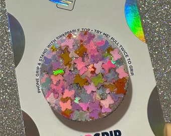 Iridescent Butterfly Glitter Phone Grip Badge Reel Round Resin Holographic Ethereal Pink Purple for iPhone Kindle Round