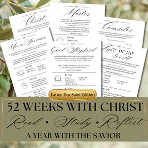 May include: A collection of white informational cards featuring black text and script headings like Christ, Master, Counselor, Man of Sorrows, and Good Shepherd. The cards include scripture references, reading prompts, and a gold label reading Latter-Day Saint Edition.
