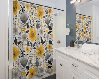 Beautiful Bright Yellow Grey Floral Shower Curtains / Bathroom Refresh / New Home Gift / 100% Polyester / 71 x 74 inches