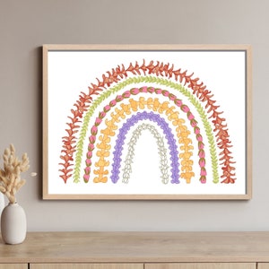 Arco iris de flores hawaianas tropicales, obra de arte, decoración de habitación de niña cocotera, arte de pared estético costero para nieta, dormitorio Puakenikeni Pakalana