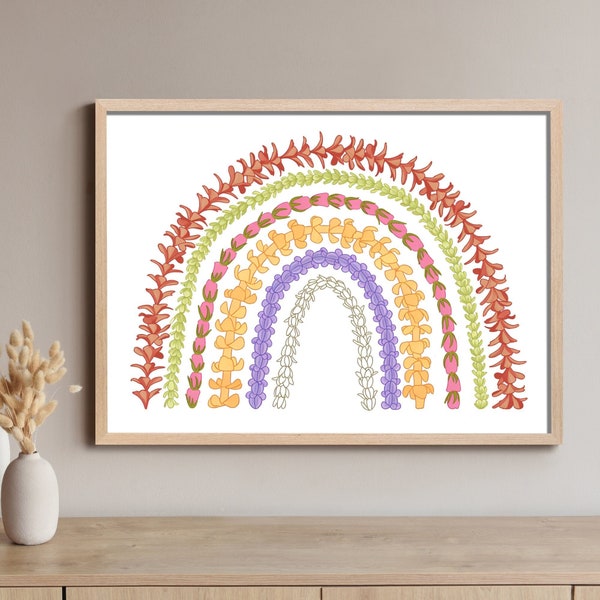 Tropical Hawaiian Flower Lei Rainbow Arch Artwork Coconut Girl Room Decor Coastal Granddaughter Aesthetic Wall Art Dorm Puakenikeni Pakalana