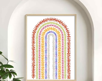Lei Rainbow Boho Arch Print, Hand Drawn Floral Framed Canvas Art Print Tropical Flower Decor for Native Hawaiian Baby Bedroom or Beach House