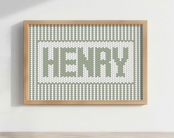 Personalized Name Art Green Vertical Striped Wall Artwork, Hexagon Tile Typography Neutral Boy Nursery Decor Framed Canvas Print for Bedroom