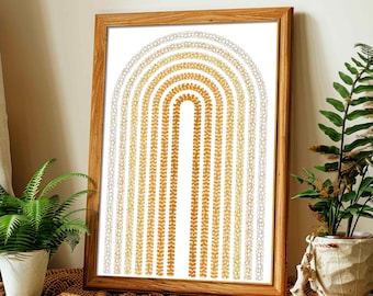 Hawaiian Puakenikeni Flower Lei Wall Art Hand Drawn Yellow Orange Burnt Rust Neutral Boho Arch Floral Print Tropical Decor for Vacation Home