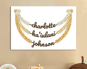 Personalized Puakenikeni Lei Wall Art, Custom Name Print, Hawaiian Flower Nursery Decor, Girl Room, Framed Canvas Gift