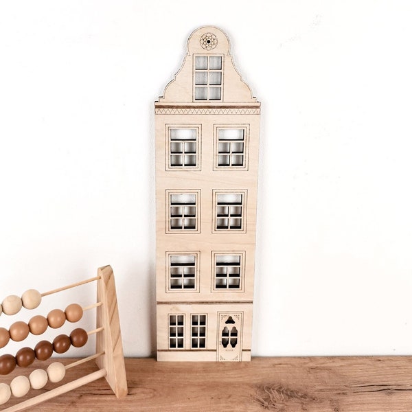 Houten huis kinderkamer * Collectie Nederland * 14 x 50 cm * Kinderkamer decoratie houten huis * Holland grachtenpand grachtenpand