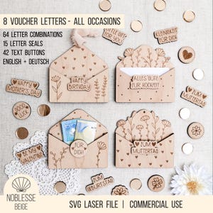 Archivo láser SVG cumpleaños - sobre para vales y billetes, 8 sobres de madera dinero regalo boda Día de la Madre, + licencia comercial