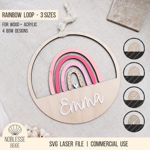 File laser SVG Rainbow Loop - cartello per porta per camerette, personalizzabile con nome, targhetta, 3 misure, per legno + acrilico, + licenza commerciale