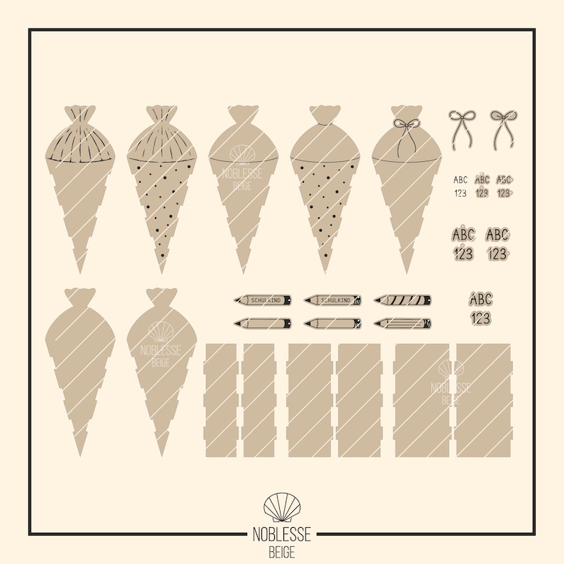 Puede incluir: Un dise&ntilde;o gr&aacute;fico beige con elementos en forma de cono, algunos con patrones de puntos y rayas. El dise&ntilde;o incluye l&aacute;pices, lazos y texto que dice "ABC 123" y "SCHULKIND". La marca "NOBLESSE BEIGE" tambi&eacute;n est&aacute; presente.