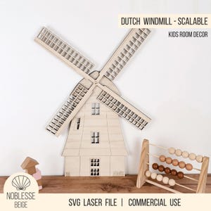 Archivo láser SVG: decoración de habitación infantil con molino de viento, decoración de pared escalable con molino, rueda de molino giratoria, molino de viento holandés, con licencia comercial