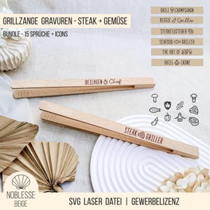 Könnte beinhalten: Zwei helle Holzzangen mit lasergraviertem Text und Symbolen. Eine Zange zeigt den Text BEILAGEN CHEF mit einem Kürbis-Symbol, die andere STEAK GRILLER mit einem Steak-Symbol. Enthält ein Set mit 15 grafischen Symbolen zum Thema Grillen.