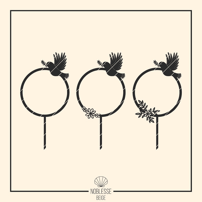 Pode incluir: Tr&ecirc;s toppers de bolo em silhueta preta com um design de p&aacute;ssaro e flores. Cada topper apresenta um c&iacute;rculo com um p&aacute;ssaro segurando um galho em seu bico. O c&iacute;rculo est&aacute; preso a um palito. O primeiro topper tem um c&iacute;rculo liso. O segundo topper tem um design floral no c&iacute;rculo. O terceiro topper tem um design floral no c&iacute;rculo e um p&aacute;ssaro segurando um galho em seu bico.