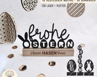 SVG laserbestand Pasen - 15 blokmotieven, vrolijk Pasen | Paaseieren | Konijn, + 10 basisgravures, blokbestand 160 x 22 mm, + commerciële licentie