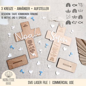 SVG Laserdatei - Kreuz Geschenk für Taufe Kommunion Firmung, 3 Kreuzformen Anhänger Aufsteller, inkl. 6 Sprüche +15 Symbole, +Gewerbelizenz