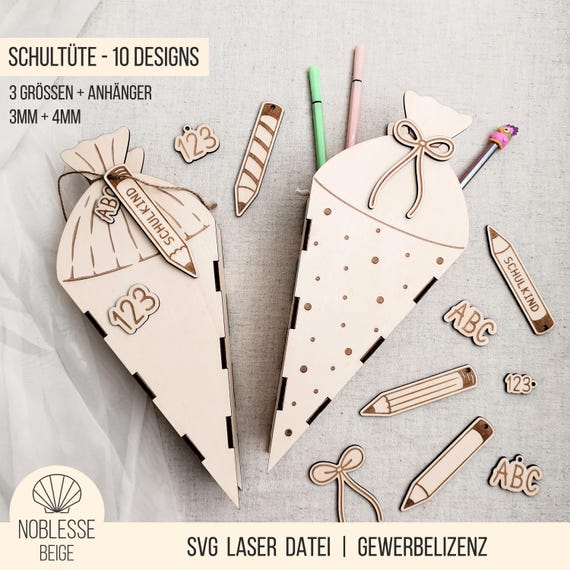 SVG Laserdatei Schultüte - Zuckertüte Geschenk Box Schulkind zur Einschulung, 10 Designs, 3 Größen, 3mm | 4mm, + Anhänger, mit Gewerbelizenz