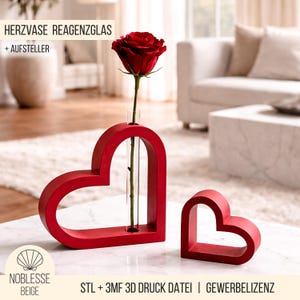 Può includere: Un vaso rosso a forma di cuore con una provetta che contiene una rosa rossa. Accanto, un cuore rosso più piccolo e pieno. Il testo "HERZVASE REAGENZGLAS + AUFSTELLER" è visibile.