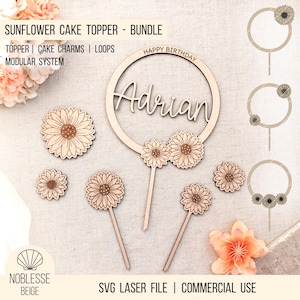 Paquete de adornos para tartas con diseño de girasol, archivo láser SVG - Adornos para tartas, flores y girasoles, para cupcakes y licencia comercial.