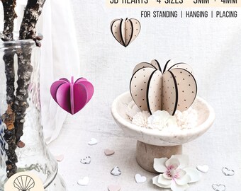 SVG laser file for weddings and Valentine's Day: 3D heart - Three-dimensional hearts for sticking, 4 sizes for 3 mm and 4 mm, dotted heart, +commercial license