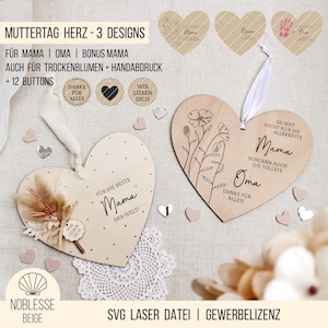 Arquivo SVG a laser Dia das Mães - presente de coração, para mãe, avó, mãe bônus, gravação de flores | Flores secas | Impressão da mão, incluindo licença comercial