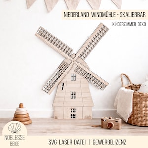 SVG laser file - Windmill children's room decoration, scalable mill wall decoration, rotating mill wheel, Dutch windmill, with commercial license