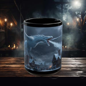 Dragon Attack Black Mug, Fantasy Coffee Cup, Dragon Lover Gift, Unique Tea Mug, Dungeons and Dragons Mug, Gothic Kitchen Decor