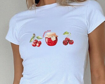 Coquette Cherry Baby Tee, Cherry Shirt, y2K Cute Cherry Shirt, Cottagecore Cherry Shirt, Coquette Cherry Shirt, 90s Style Cherry Crop Top