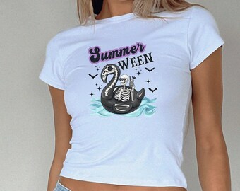 Summerween baby Tee, Spooky Summer Vibes Summerween Skeleton Shirt Girly Halloween Baby Tee Vacation Shirt Scary Movie Lover Gift