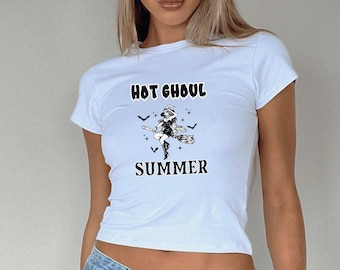 Hot Ghoul Summer Baby Tee, Spooky Summer Vibes Summerween Sexy Witch Girly Halloween Baby Tee Vacation Shirt Scary Movie Lover Gift