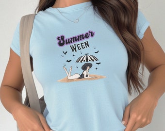 Summerween baby Tee, Spooky Summer Vibes Summerween Sexy Witch Shirt Girly Halloween Baby Tee Vacation Shirt Scary Movie Lover Gift