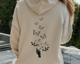 Butterfly Hoodie Moth Hoodie Celestial Hoodie Mystical Stars Moon Hoodie 90s Celestial Dark Academia Sweater Magical Hands Witchy Hoodie