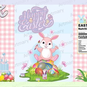 Puede incluir: Ilustración digital para Pascua con un conejito rosa pintando huevos coloridos. Las palabras "Happy Easter" se muestran encima del conejito. La imagen también incluye mariposas, hierba y una tabla de información nutricional.
