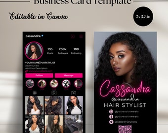May include: A black and pink business card template for a hair stylist. The card features a photo of a woman with curly hair, the text "Cassandra", and the words "Hair Stylist". The card also includes social media icons and a QR code.
