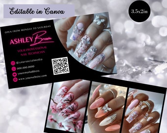 Plantilla de tarjeta de visita Nail Tech, plantilla de tarjeta de salón de uñas, tarjeta de visita DIY Instagram, código QR Nails IG, plantillas Canva de negocios de belleza