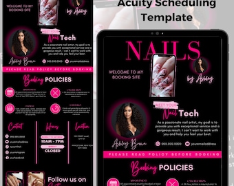 Könnte beinhalten: Eine schwarze und rosafarbene digitale Marketingvorlage für einen Nagelstudio. Die Vorlage enthält den Namen des Salons, "NAILS by Ashley", eine Willkommensnachricht, Buchungsrichtlinien, Kontaktinformationen und Öffnungszeiten. Die Vorlage enthält auch einen Call-to-Action, um dem Salon auf Instagram und TikTok zu folgen.
